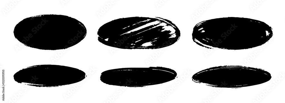 Poster ellipse dry paint stains set. black grunge chalk oval collection. textured brush stroke round elemen