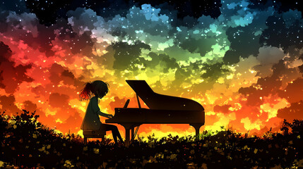 Girl playing piano under colorful sunset sky
