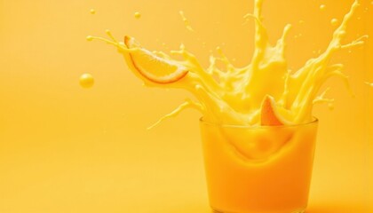A vibrant photo of fresh orange juice with slices of orange splashing into the glass, creating a refreshing and appetizing image that epitomizes summer and wellbeing.