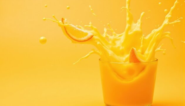 A vibrant photo of fresh orange juice with slices of orange splashing into the glass, creating a refreshing and appetizing image that epitomizes summer and wellbeing.