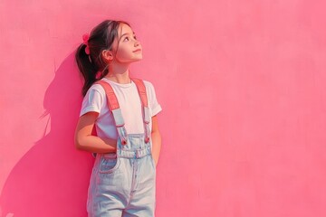Fototapeta premium Thoughtful young girl in overalls with backpack stands in front of pink background