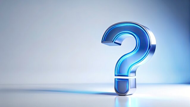 3D Rendered Glowing Blue Question Mark FAQ, Help, Support, Information, Query,  White Background, Empty Space, Rule of Thirds