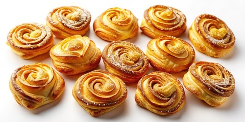 Fototapeta premium Aerial View Golden Brown Pastries, Delicious Baked Goods, Overhead Shot, White Background, Food Photography