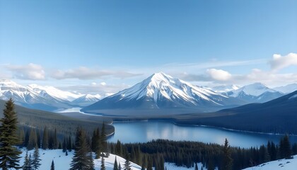 A Breathtaking Winter Panorama Of Snow-capped Mountains Embracing A Serene Glacial Lake, Under A Clear, Bright Sky
