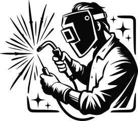 Welder Welding Torch Vector Silhouette.  Welder Flux Cored Arc Welding Side View Woodcut Oval Retro Black and White. Welder logo Vectors and Illustrations isolated on white.