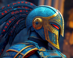 Obraz premium Futuristic warrior wearing intricate armor and helmet, vibrant colors.