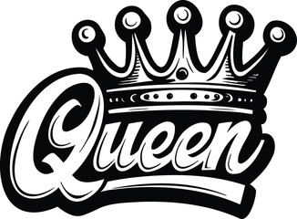 Queen Text Logo With Crown icon. Queen word graffiti black typography.