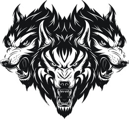 Dangerous wolf three heads cerberus. Hand drawn wolf with three heads artwork  tshirt design vector illustration. Three headed wolf mascot design.