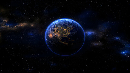 Fototapeta premium Stunning nighttime view of Earth from space, showcasing city lights against a backdrop of stars and nebulae. Ideal for science, travel, or environmental projects.