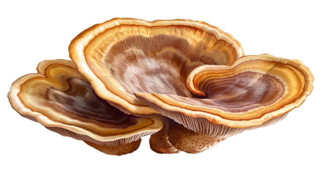An elegant reishi health mushroom, isolated on a transparent background, showing its fine details and natural beauty. - Powered by Adobe