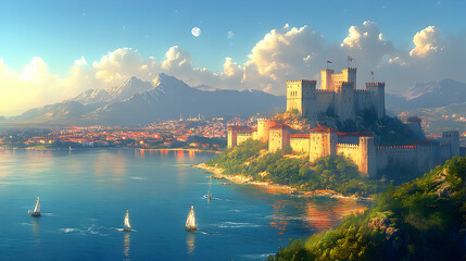 Majestic Castle overlooking a serene lake town