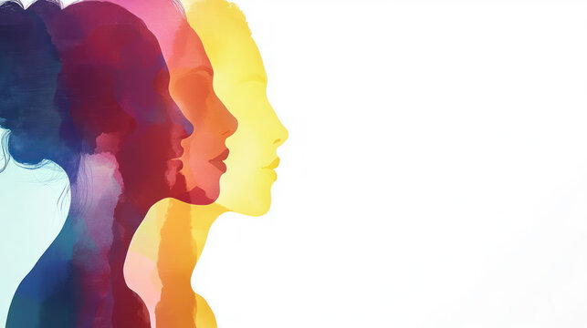 A vibrant watercolor illustration showcasing the profiles of three women in various colors, symbolizing diversity and unity against a minimalistic background