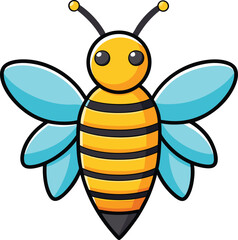 A cute and vibrant vector illustration of a bee with yellow and black stripes, featuring light blue wings and a friendly cartoonish appearance.  
