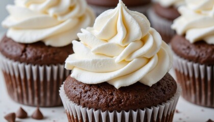 A moist chocolate cupcake topped with fluffy whipped cream, made from scratch using the freshest ingredients for a decadent and indulgent treat.