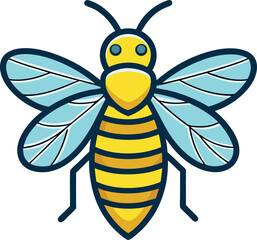 A colorful vector illustration of a bee with bright yellow and black stripes, transparent wings, and a friendly, cartoonish style.  
