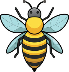 A cute and vibrant vector illustration of a bee with yellow and black stripes, transparent wings, and a friendly, cartoonish appearance.  
