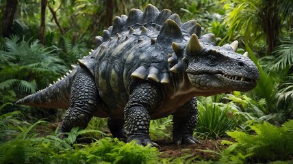 Fototapeta premium Quiet Feast: An Ankylosaurus Grazing in the Verdant Prehistoric Forest