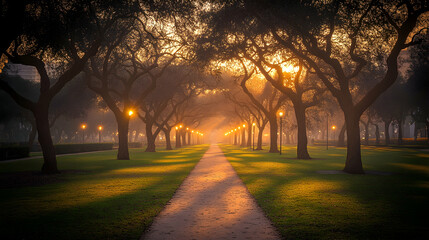 Fototapeta premium Misty park path at dawn