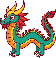 Fototapeta premium A vibrant vector illustration of a Chinese dragon in green and yellow, with red accents, featuring a friendly and fierce expression. 
