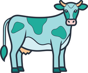 Stylized vector illustration of a cow, A clean, stylized vector illustration of a cow with light blue body and green spots, designed with bold outlines and simple shapes.
