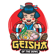 Vector Illustration of Geisha Eating Ramen with Cute Illustration Available for Tshirt Design