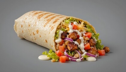 Delicious Grilled Chicken Burrito with Fresh Ingredients, Tasty Mexican Burrito with Chicken, Cheese, and Veggies, Appetizing Chicken Wrap with Fresh Vegetables and Sauce