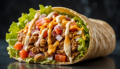 Delicious Grilled Chicken Burrito with Fresh Ingredients, Tasty Mexican Burrito with Chicken, Cheese, and Veggies, Appetizing Chicken Wrap with Fresh Vegetables and Sauce