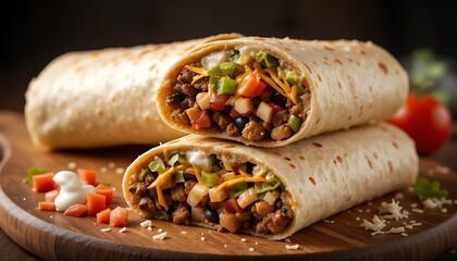 Delicious Grilled Chicken Burrito with Fresh Ingredients, Tasty Mexican Burrito with Chicken, Cheese, and Veggies, Appetizing Chicken Wrap with Fresh Vegetables and Sauce
