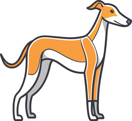 Minimalist vector illustration of a greyhound dog, A sleek and modern vector illustration of a greyhound dog, with minimalist design and orange and white color tones, outlined in black.
