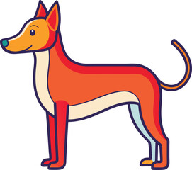 Bright vector illustration of a dog with colorful design, A cheerful vector illustration of a dog in vibrant red, orange, and blue colors, featuring a stylized and friendly design.
