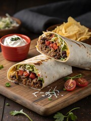 Delicious Grilled Chicken Burrito with Fresh Ingredients, Tasty Mexican Burrito with Chicken, Cheese, and Veggies, Appetizing Chicken Wrap with Fresh Vegetables and Sauce