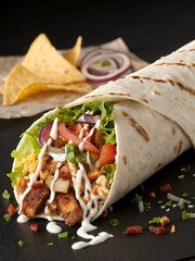 Delicious Grilled Chicken Burrito with Fresh Ingredients, Tasty Mexican Burrito with Chicken, Cheese, and Veggies, Appetizing Chicken Wrap with Fresh Vegetables and Sauce