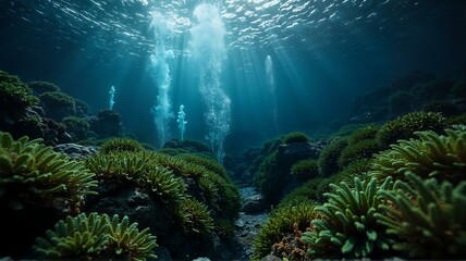 Obraz premium Underwater ocean scenery with sun rays and coral reef.