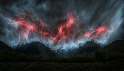 Fototapeta premium Dramatic, swirling red and blue cloudscape over majestic mountain range at dusk or dawn. Intriguing and surreal atmospheric landscape photography.