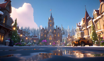 Obraz premium Enchanting winter village scene; snow-covered houses, grand castle, vehicle, festive atmosphere, perfect for holiday cards or fairytale settings.