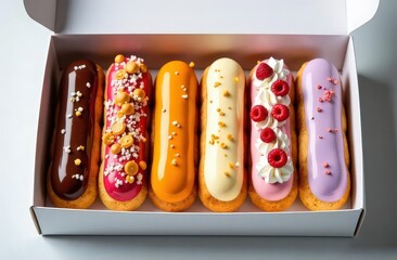 Delicious colorful eclaires in the white delivery box on the table. Colorful eclaires have different taste: chocolate,  raspberry, caramel blueberry and lemon. 