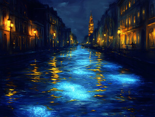Naklejka premium Night Canal Cityscape