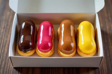 Colorful desserts with colorful glaze in the white delivery box. 