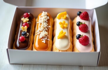 Delicious eclaires covered with colorful glazing, fresh berries, coconut flakes and fry fruits. Desserts are packed in the white delivery box. 