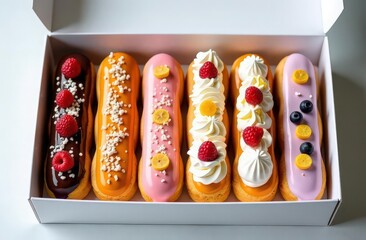 Delivery box open with eclaires with colorful glazing and different tastes, such as chocolate, caramel, blueberry, strawberry, vanille. Eclaires decorated fresh berries, whipped cream, coconut flakes