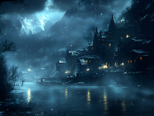 Obraz premium Night Village Misty Mountains
