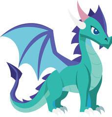 Teal Dragon Character Illustration Vector, A sleek, stylized teal dragon with blue wings and a sharp expression, created in a colorful vector art style.
