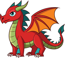 Red Dragon Character Illustration Vector, A cute and vibrant red dragon with orange wings and green accents, designed in a colorful vector art style.
