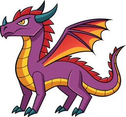 Naklejka premium Purple Dragon Character Illustration Vector, A bold and fierce cartoon purple dragon with fiery orange wings, created in a modern vector art style. 