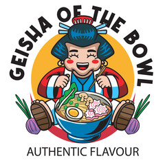 Vector Illustration of Geisha Eating Ramen with Cute Illustration Available for Tshirt Design