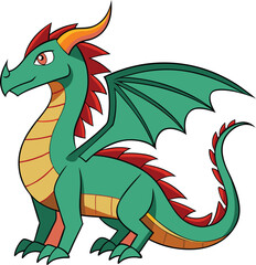A vibrant and playful vector illustration of a green dragon with red spikes, wings, and a friendly expression, perfect for fantasy and children's themes.
