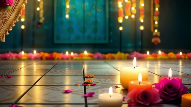 Empty wooden table illuminated by candles and decorative lights, perfect for displaying products during diwali or onam celebrations