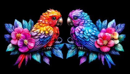 Obraz premium Vibrant illustration of two colorful parrots perched amidst blooming flowers, set against a dramatic black background. A captivating image perfect for vibrant designs.