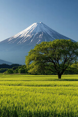 Fototapeta premium Majestic snow-capped mountain stands tall behind lush green fields and a solitary tree under a clear blue sky.