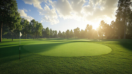 Fototapeta premium Beautiful golf course with green fairway and flag on the side, golden hour lighting, beautiful sky, trees in the background, wide shot